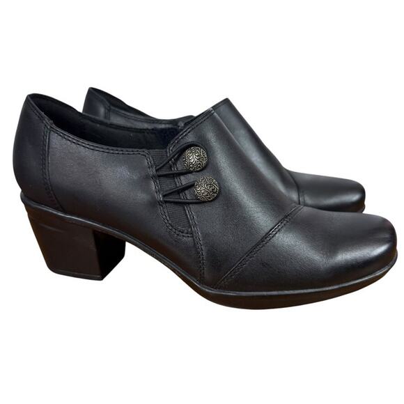 Clarks Emslie Warren Womens Black Leather Clogs Block Chunky Heel Shoes sz 7 M - Picture 1 of 16